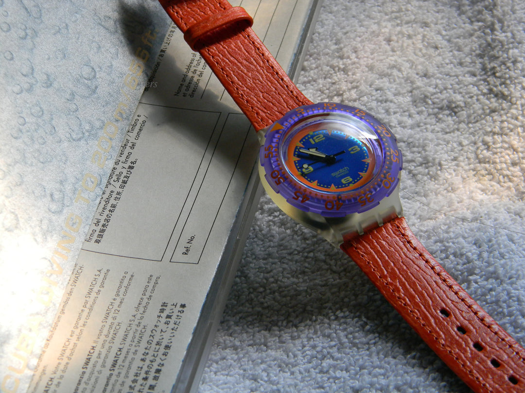 j910 Swatch Watch Red Island Scuba 200 SDK106 Quartz Movement In Box with Papers