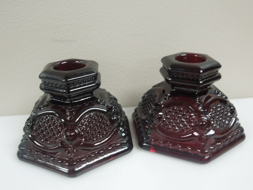 q921 Set of 2 Ruby Red Glass Avon Cape Cod Single Light Candlestick Holder Vintage
