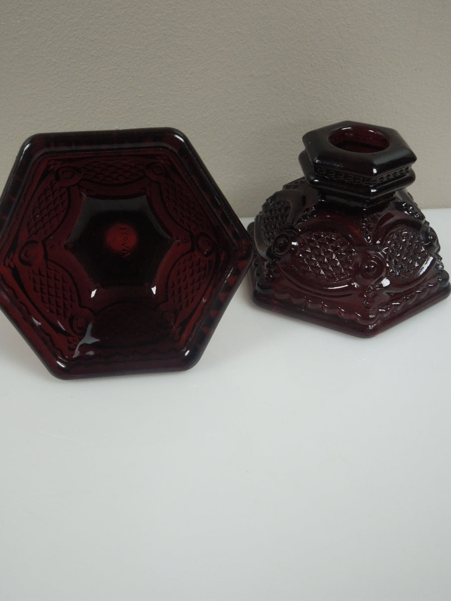 q921 Set of 2 Ruby Red Glass Avon Cape Cod Single Light Candlestick Holder Vintage