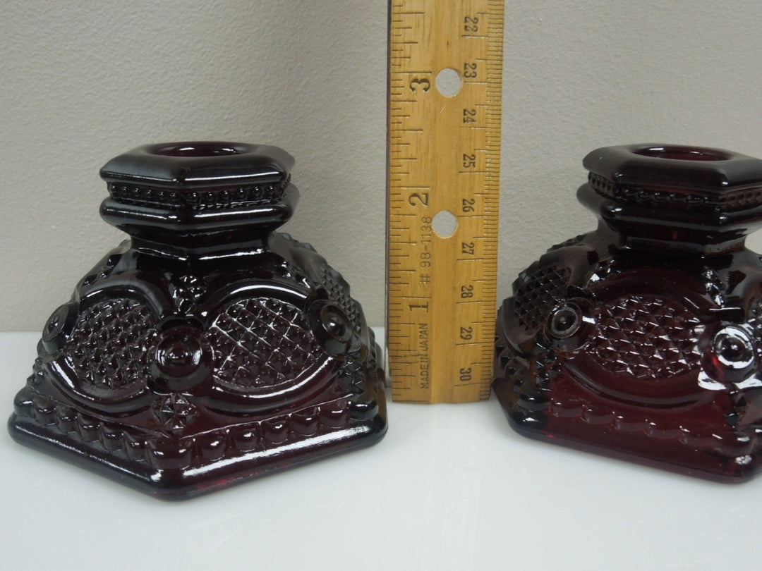 q921 Set of 2 Ruby Red Glass Avon Cape Cod Single Light Candlestick Holder Vintage