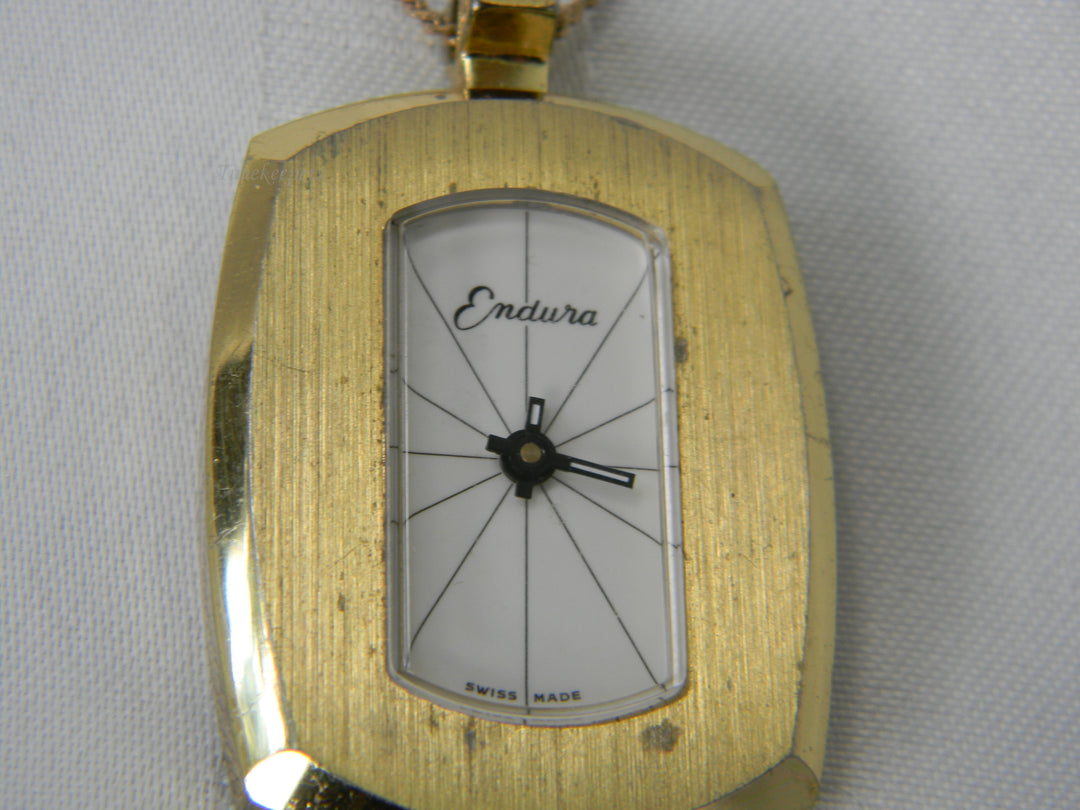 j918 Retro Endura Rectangle Pendant watch with 24" Chain in Gold Tone