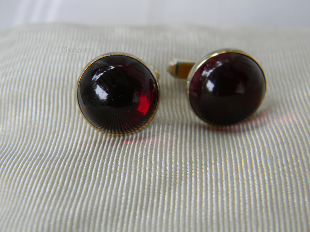 j924 Handsome Round Swank Gold Tone Cufflinks with Domed Red Stones