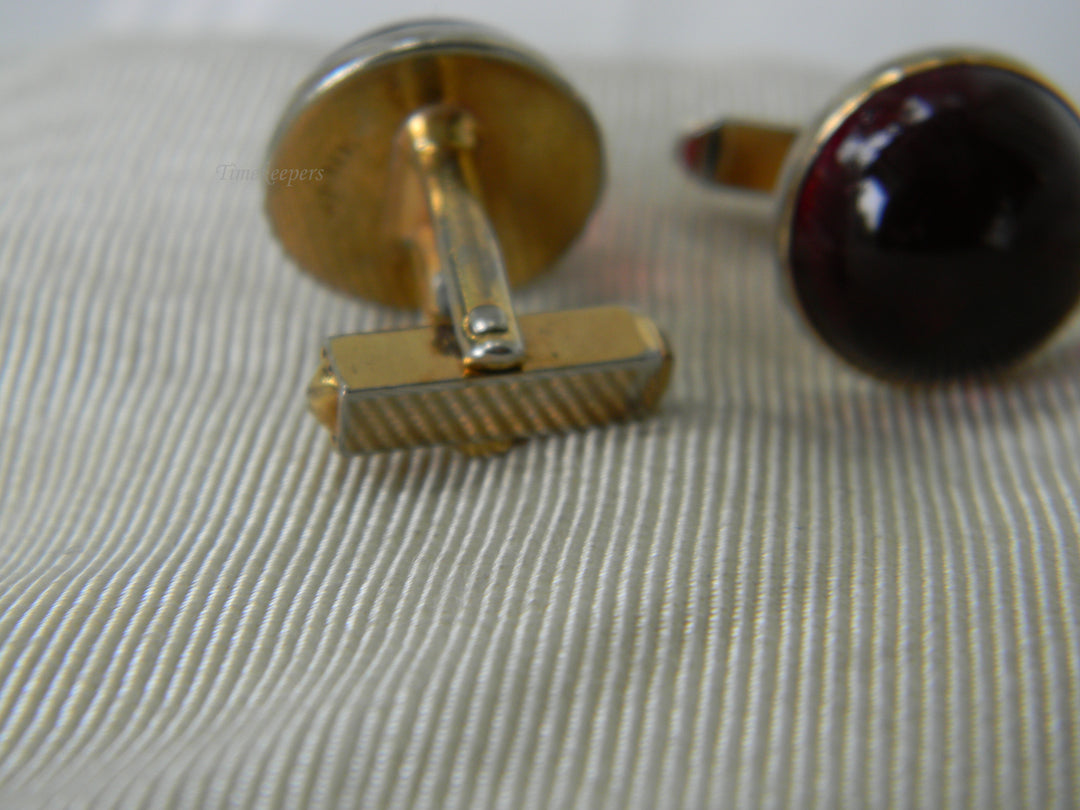 j924 Handsome Round Swank Gold Tone Cufflinks with Domed Red Stones