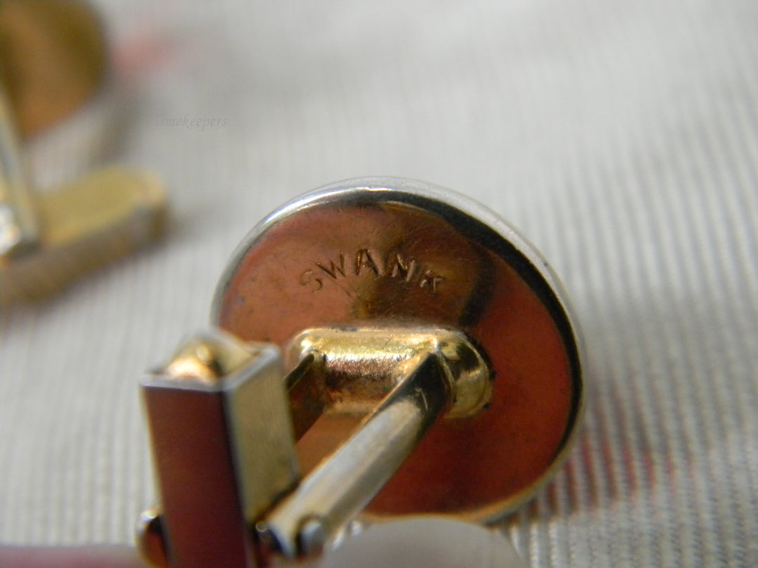 j924 Handsome Round Swank Gold Tone Cufflinks with Domed Red Stones
