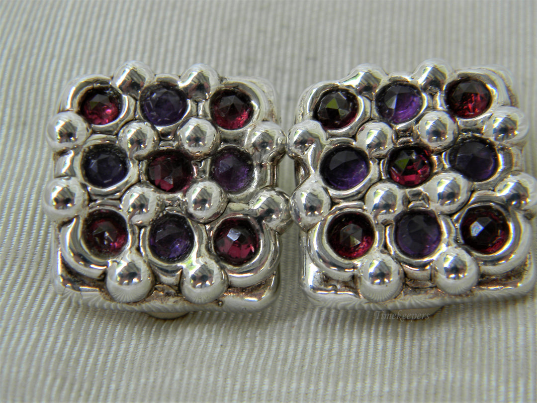 j252 Beautiful Sterling Silver Square Clip Earrings with Red &amp; Purple Stones