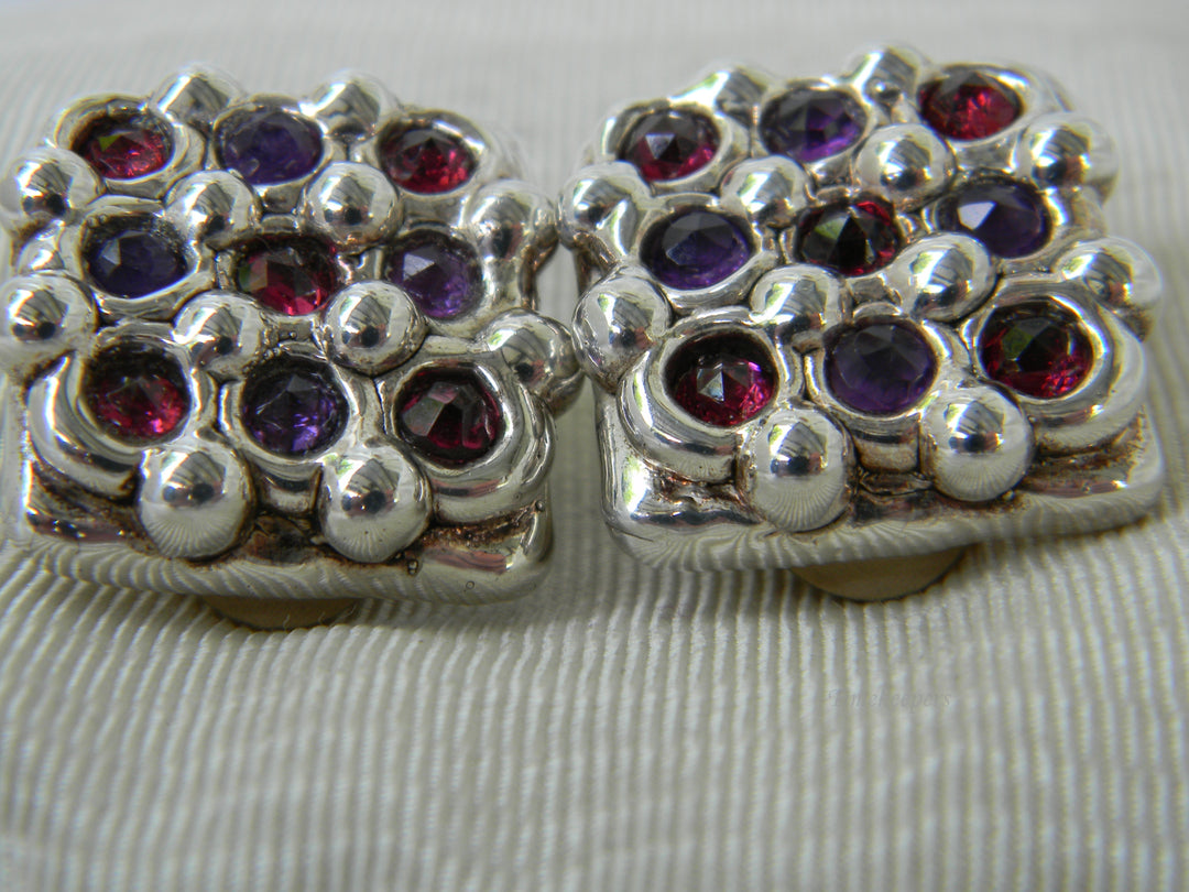 j252 Beautiful Sterling Silver Square Clip Earrings with Red &amp; Purple Stones