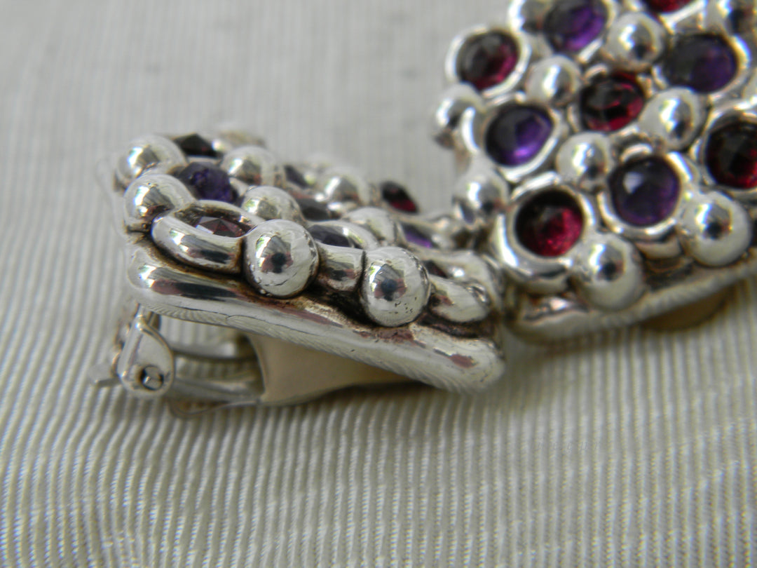 j252 Beautiful Sterling Silver Square Clip Earrings with Red &amp; Purple Stones