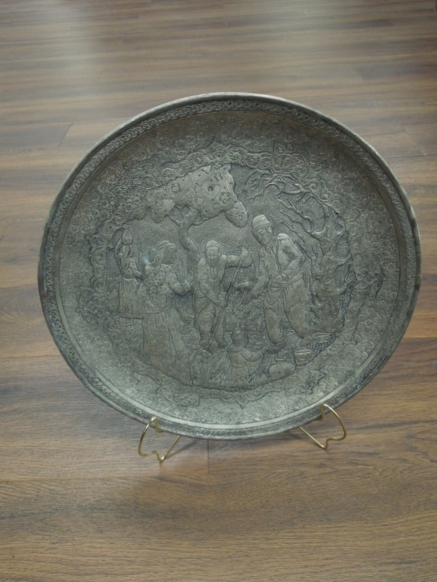 s384 Antique Fine engraved Persian Indian Mughal Silver plate Figural Scene 1900s
