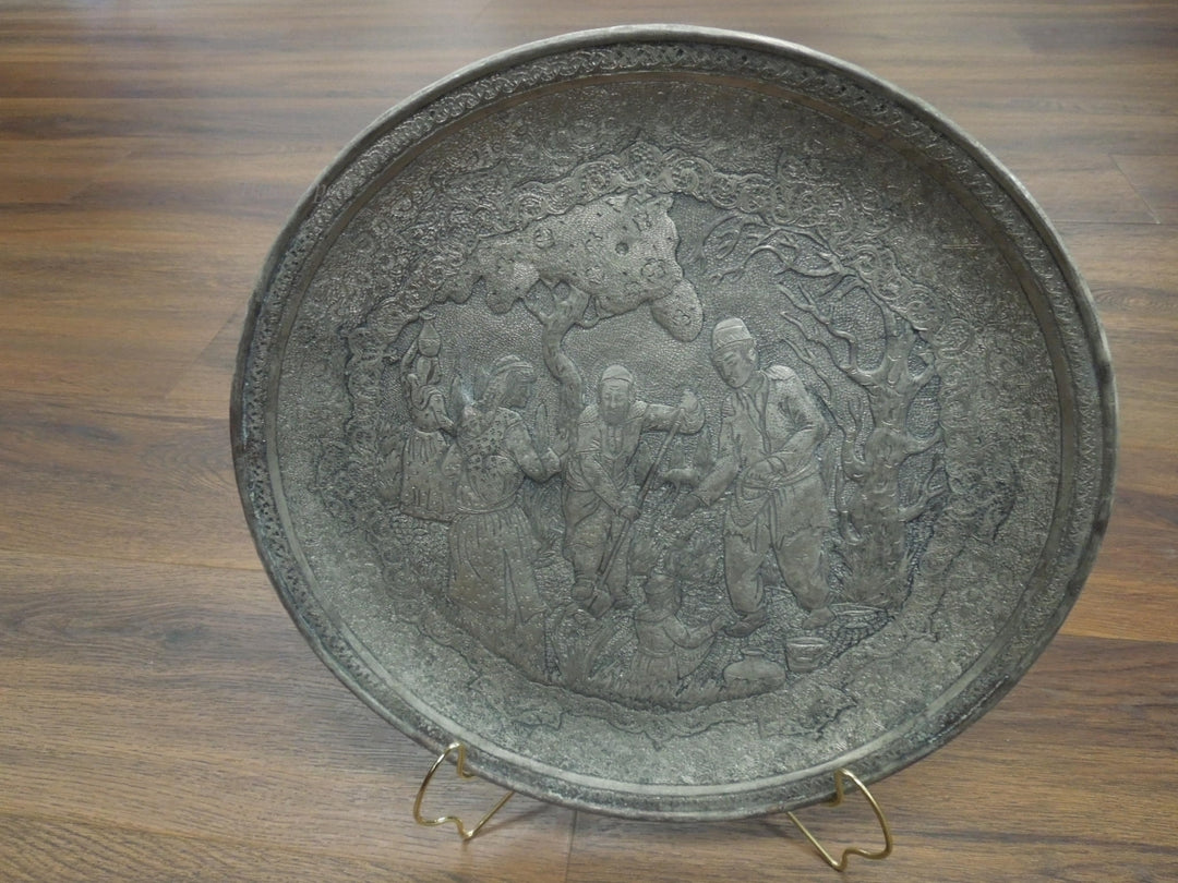 s384 Antique Fine engraved Persian Indian Mughal Silver plate Figural Scene 1900s