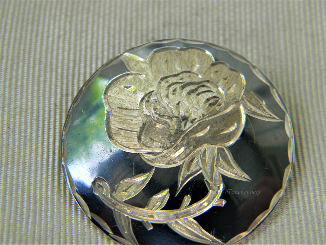 j261 Vintage Sterling Niello Gray Enamel Round Flower Brooch/ Pendant