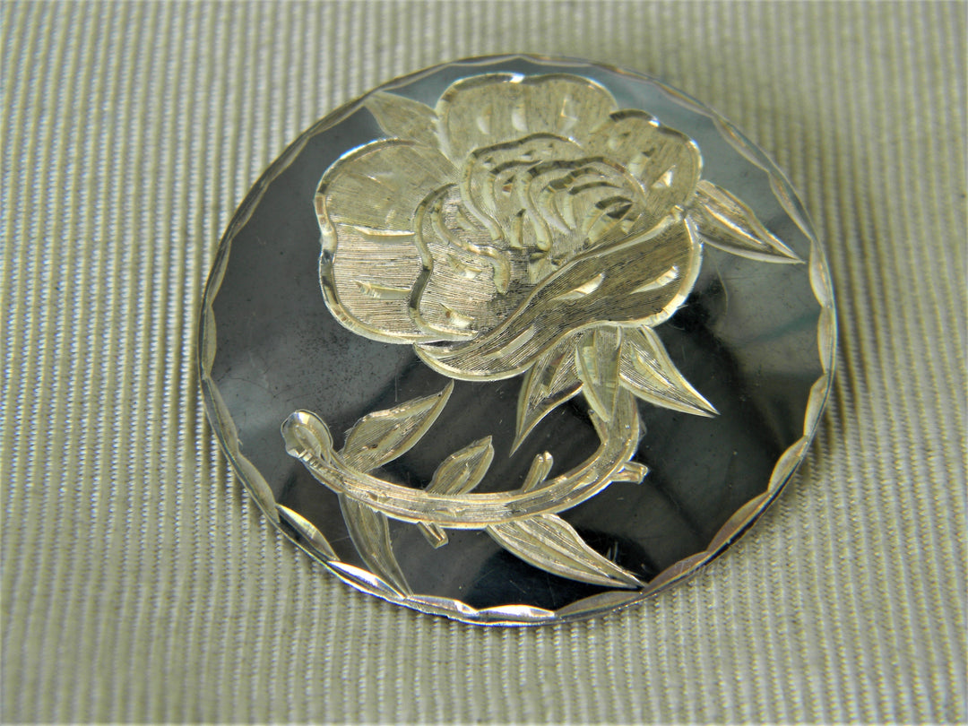 j261 Vintage Sterling Niello Gray Enamel Round Flower Brooch/ Pendant