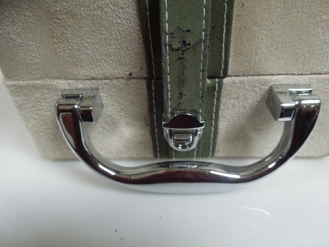 q958 Vintage Jewelry Box 2 Tier Beige Cream Faux Velvet Mirror USA