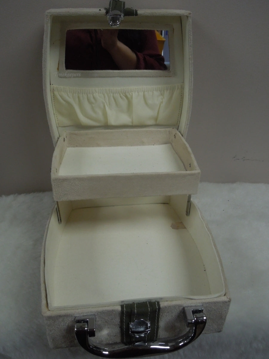 q958 Vintage Jewelry Box 2 Tier Beige Cream Faux Velvet Mirror USA