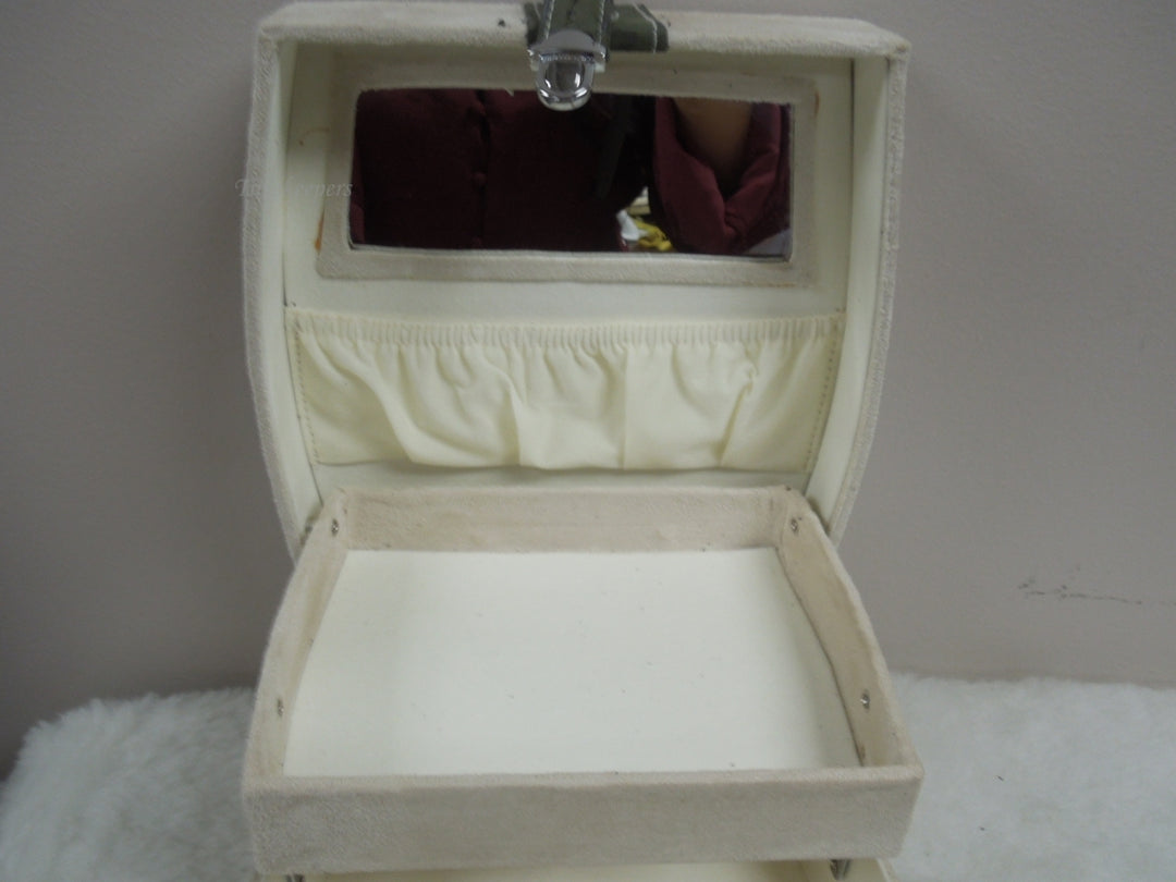q958 Vintage Jewelry Box 2 Tier Beige Cream Faux Velvet Mirror USA