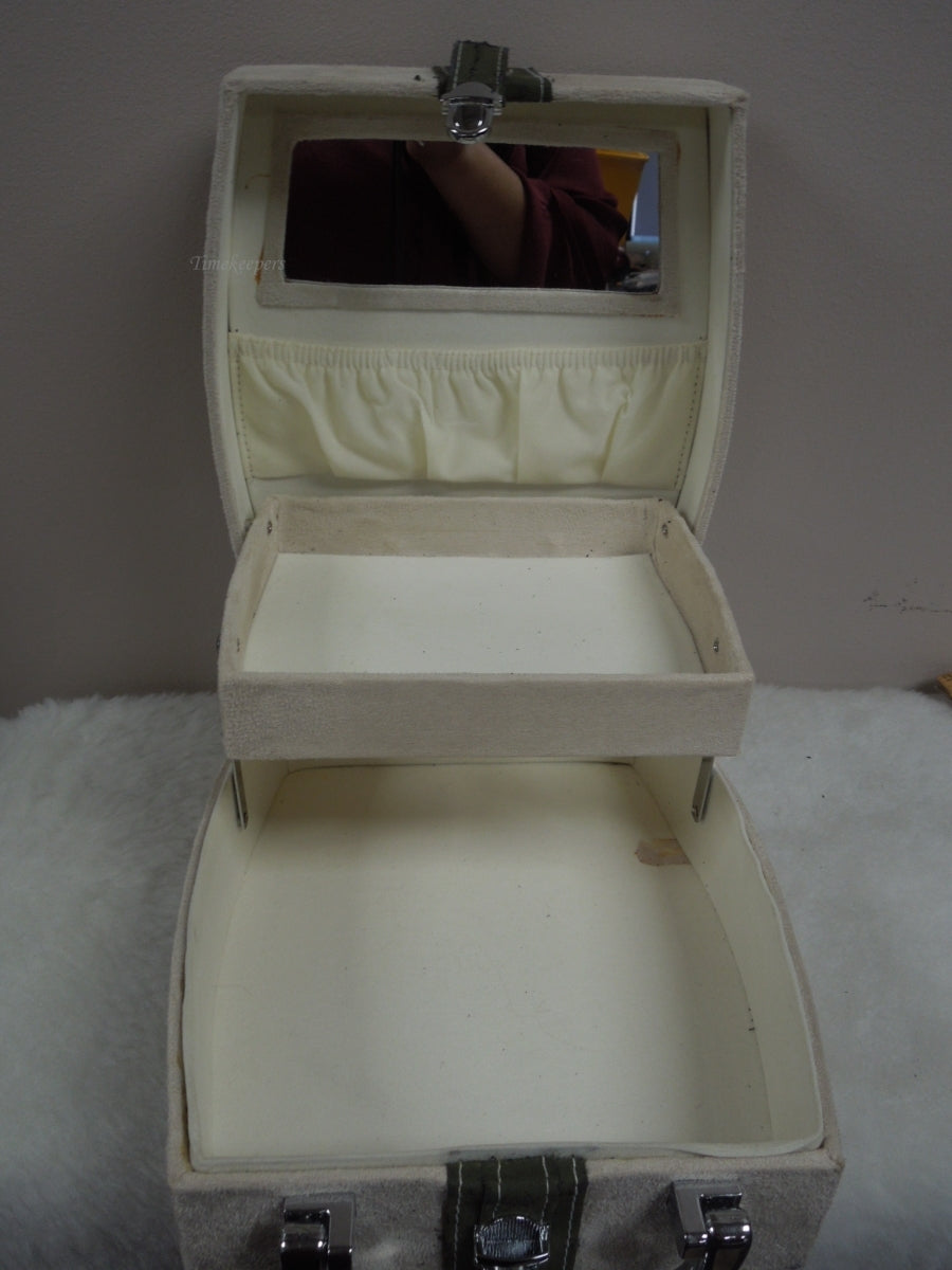 q958 Vintage Jewelry Box 2 Tier Beige Cream Faux Velvet Mirror USA