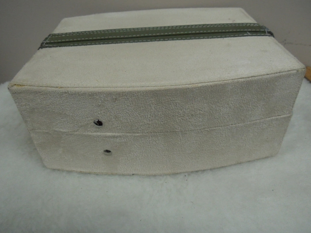 q958 Vintage Jewelry Box 2 Tier Beige Cream Faux Velvet Mirror USA