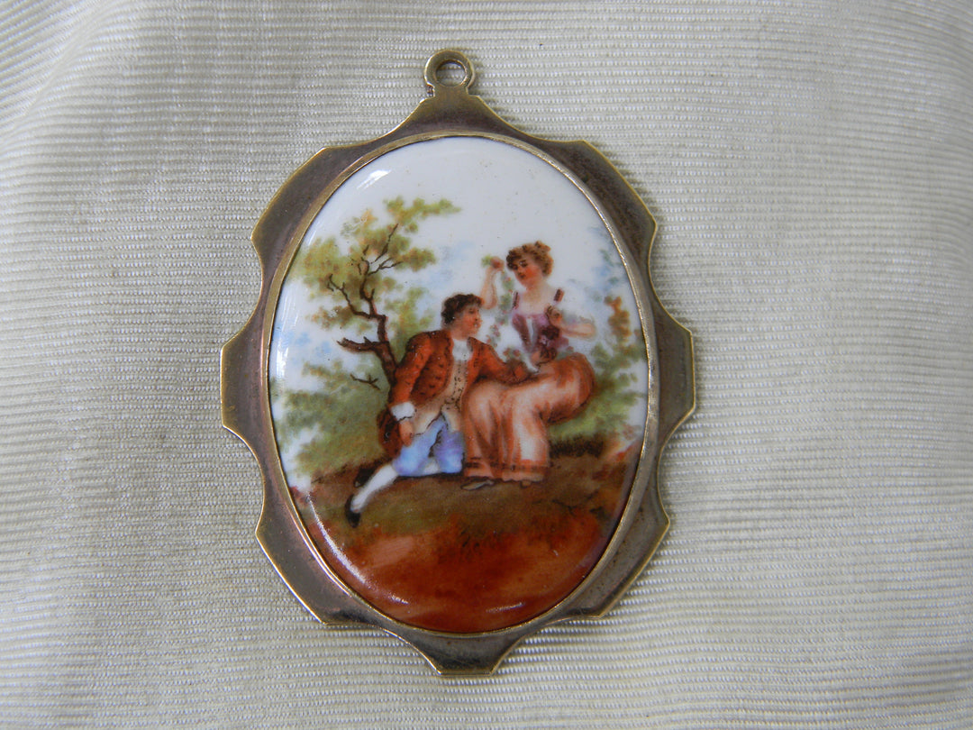 j958 Vintage Large Gold tone Porcelain Printed Pendant