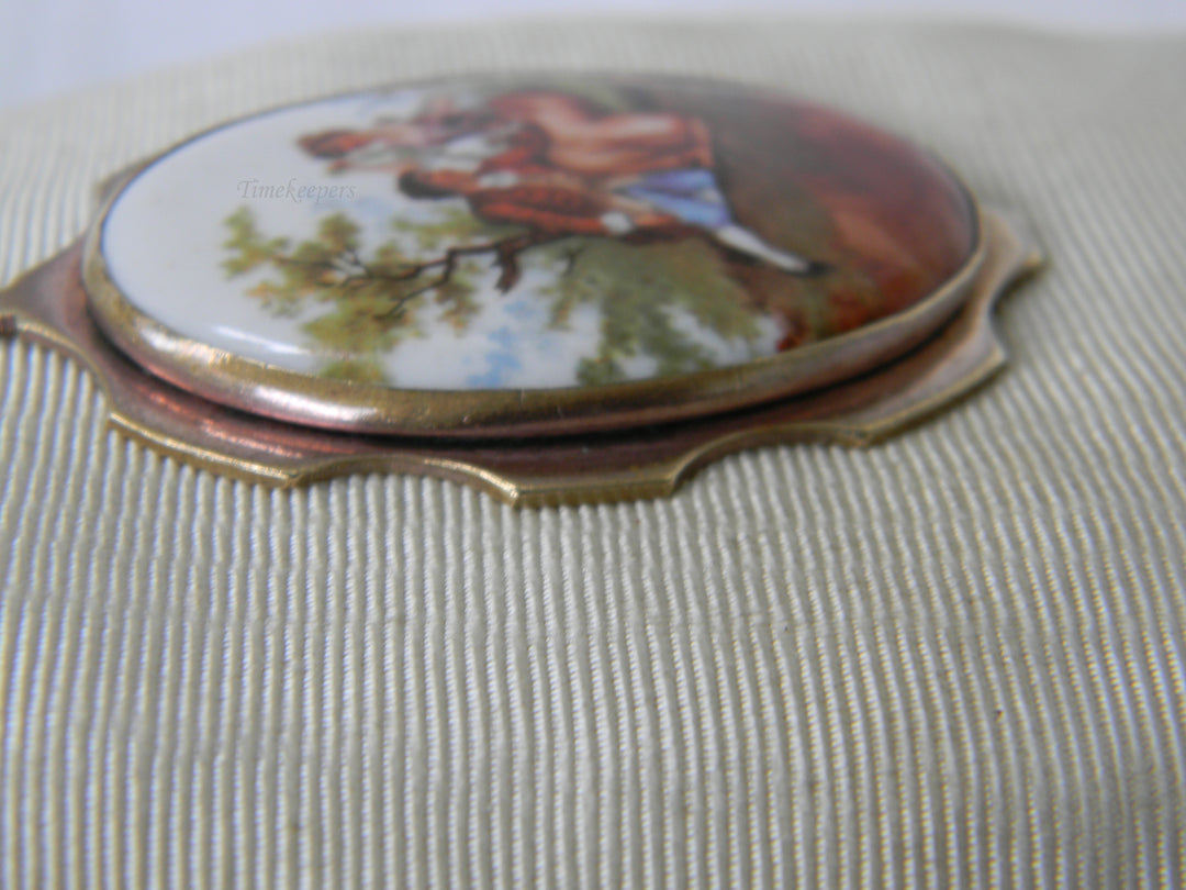 j958 Vintage Large Gold tone Porcelain Printed Pendant