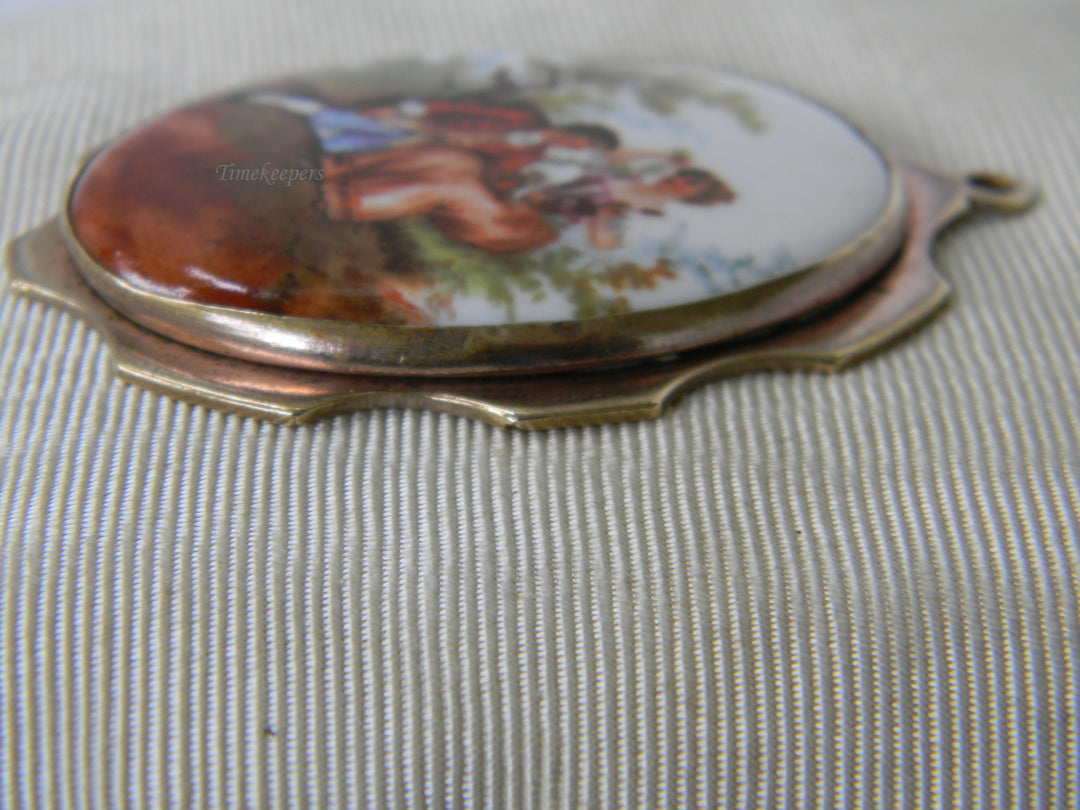 j958 Vintage Large Gold tone Porcelain Printed Pendant