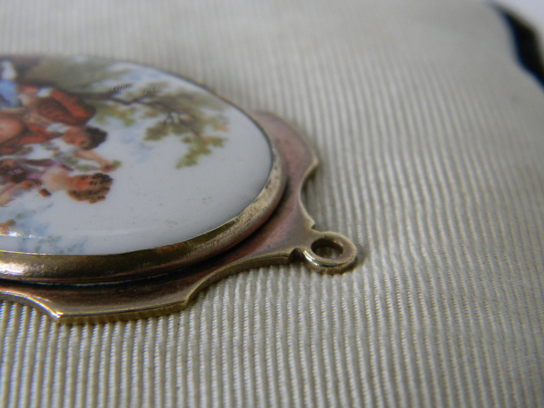 j958 Vintage Large Gold tone Porcelain Printed Pendant