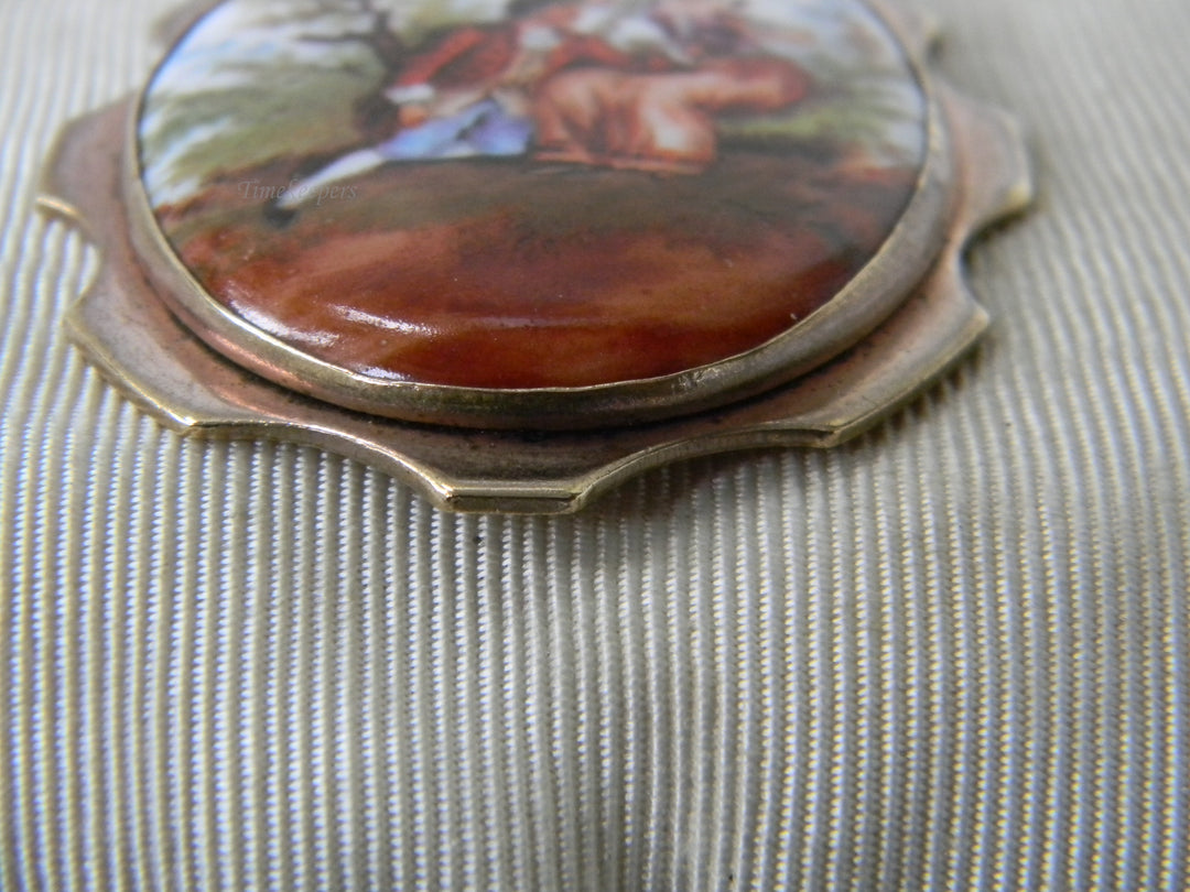 j958 Vintage Large Gold tone Porcelain Printed Pendant