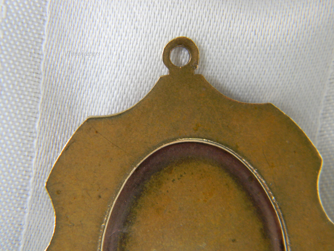 j958 Vintage Large Gold tone Porcelain Printed Pendant