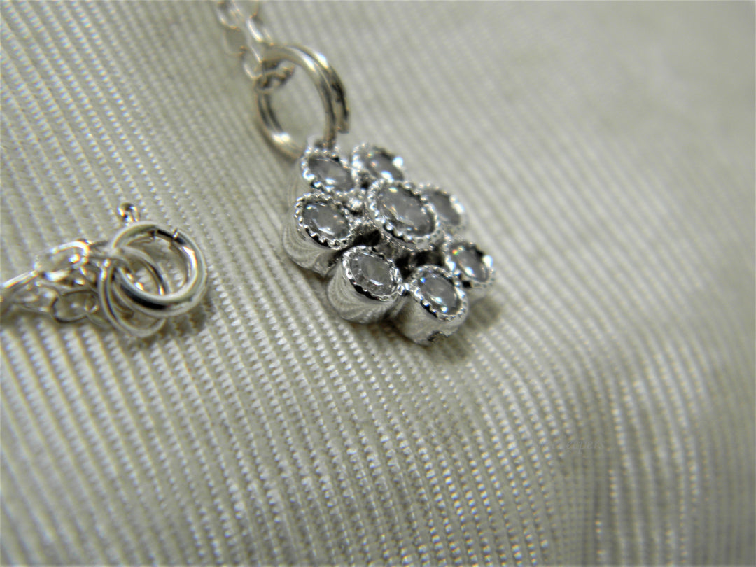 j307 Pretty Little Flower Pendant with Crystals in Sterling Silver on Chain