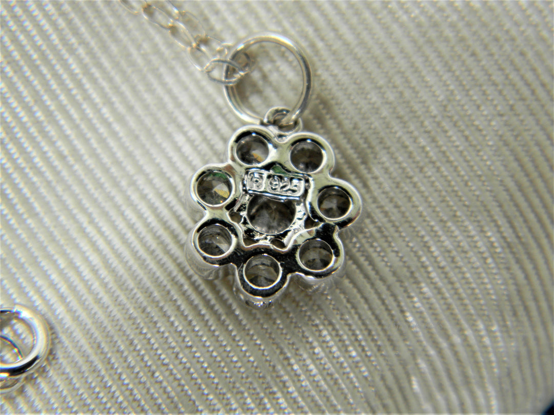 j307 Pretty Little Flower Pendant with Crystals in Sterling Silver on Chain