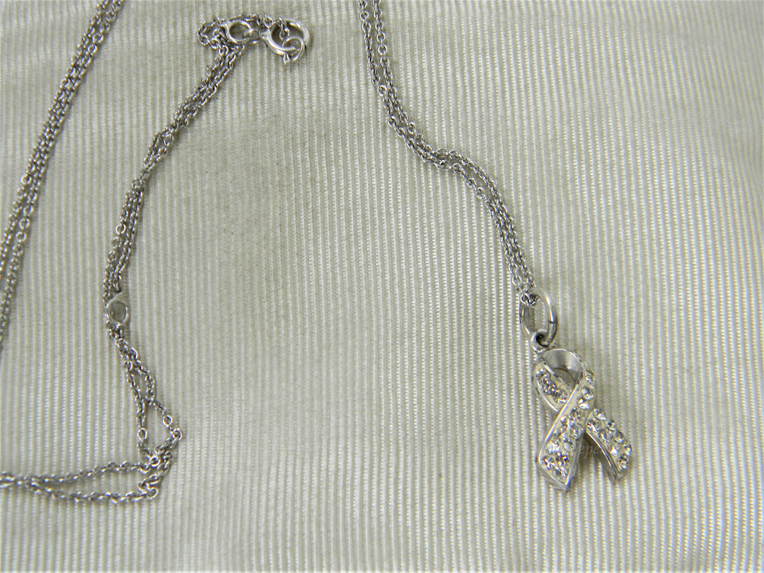 j308 Pretty Crystal Cancer Ribbon Pendant in Sterling Silver on Chain