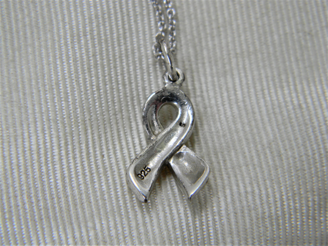 j308 Pretty Crystal Cancer Ribbon Pendant in Sterling Silver on Chain