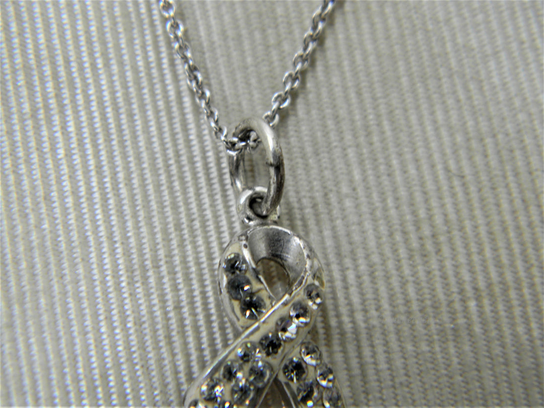j308 Pretty Crystal Cancer Ribbon Pendant in Sterling Silver on Chain