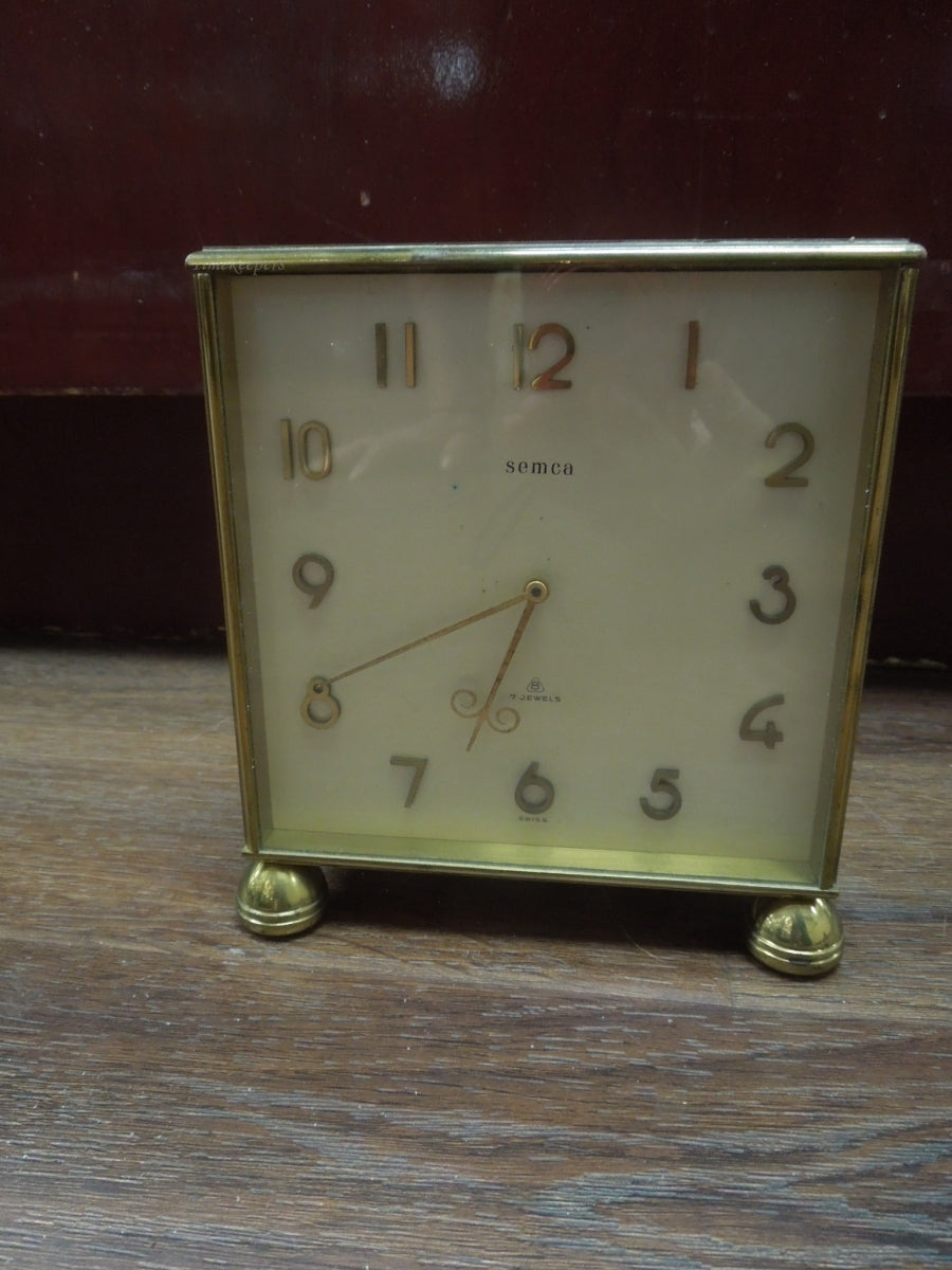 r006 Vintage Semca Swiss 7 Jewels Desk Partner's Clock Double Sided Brass Mid Century Working