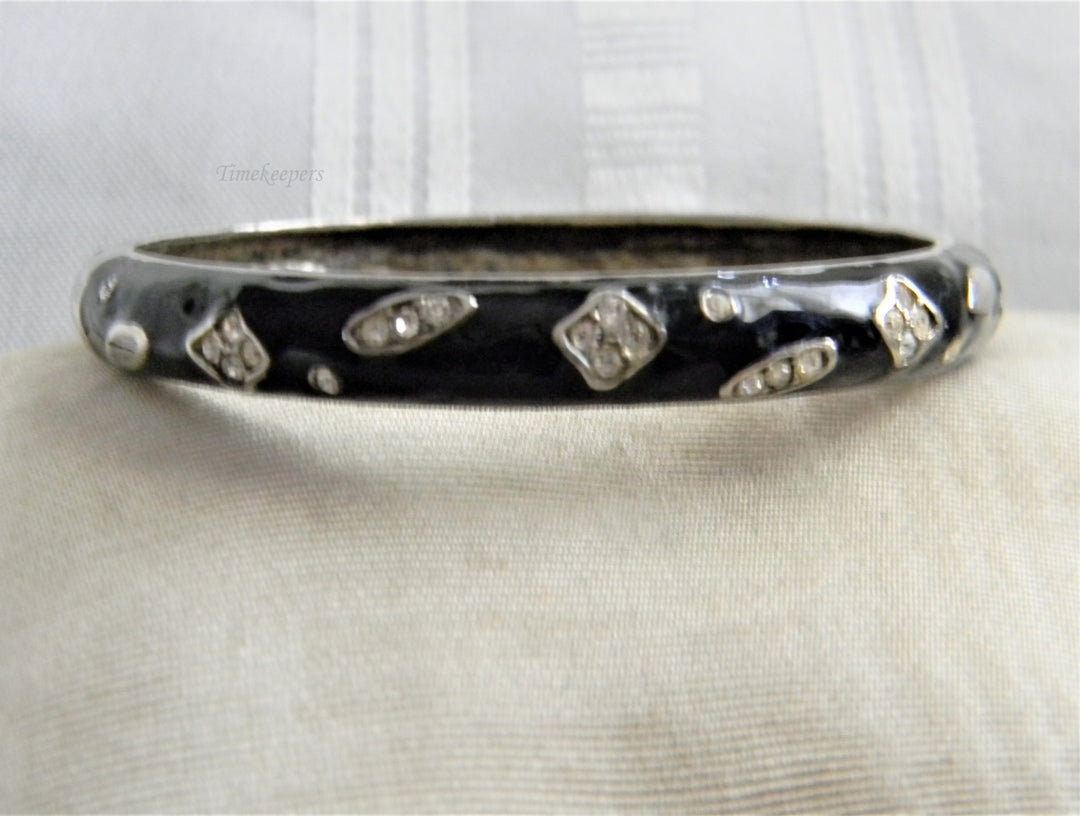 p239 Pretty Silver tone Bangle with Black Enamel and Rhinestones