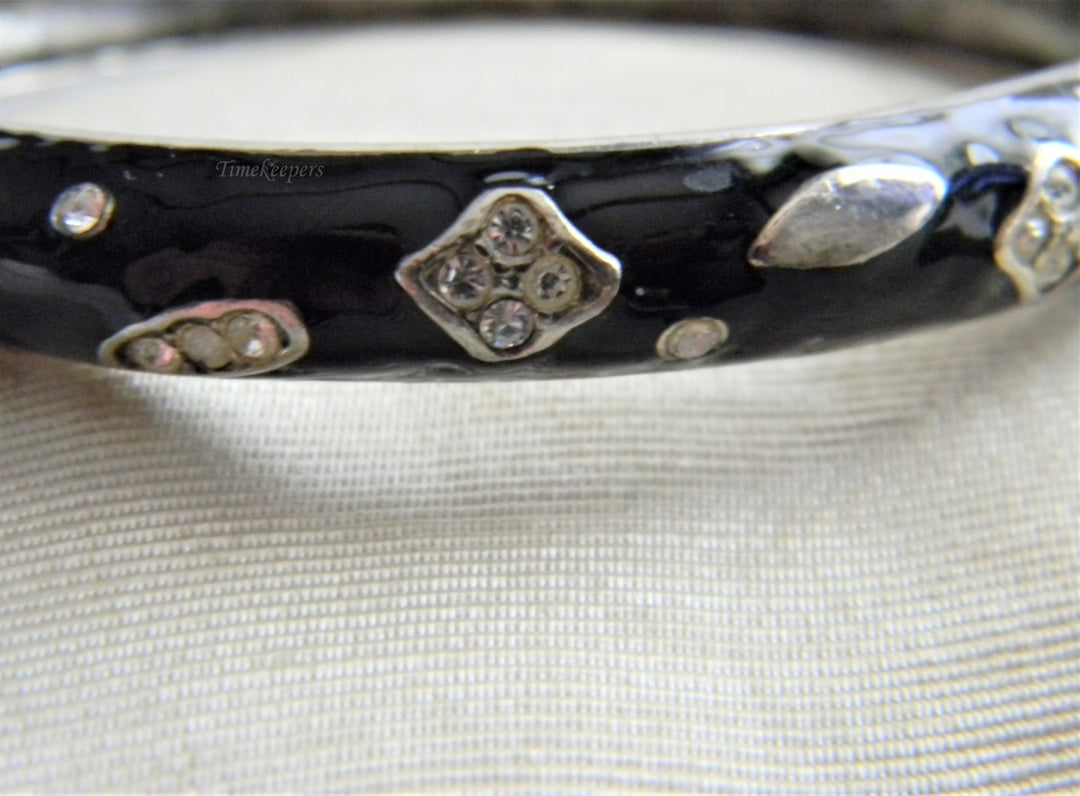 p239 Pretty Silver tone Bangle with Black Enamel and Rhinestones