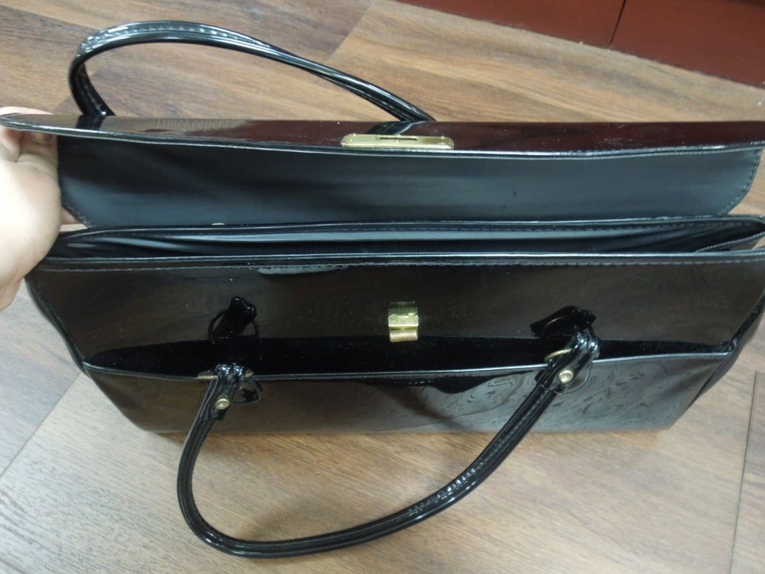 r032 Aetna Vintage Frame Handbag, Satchel Bag Purse, Big Black Patent Leather Made in USA