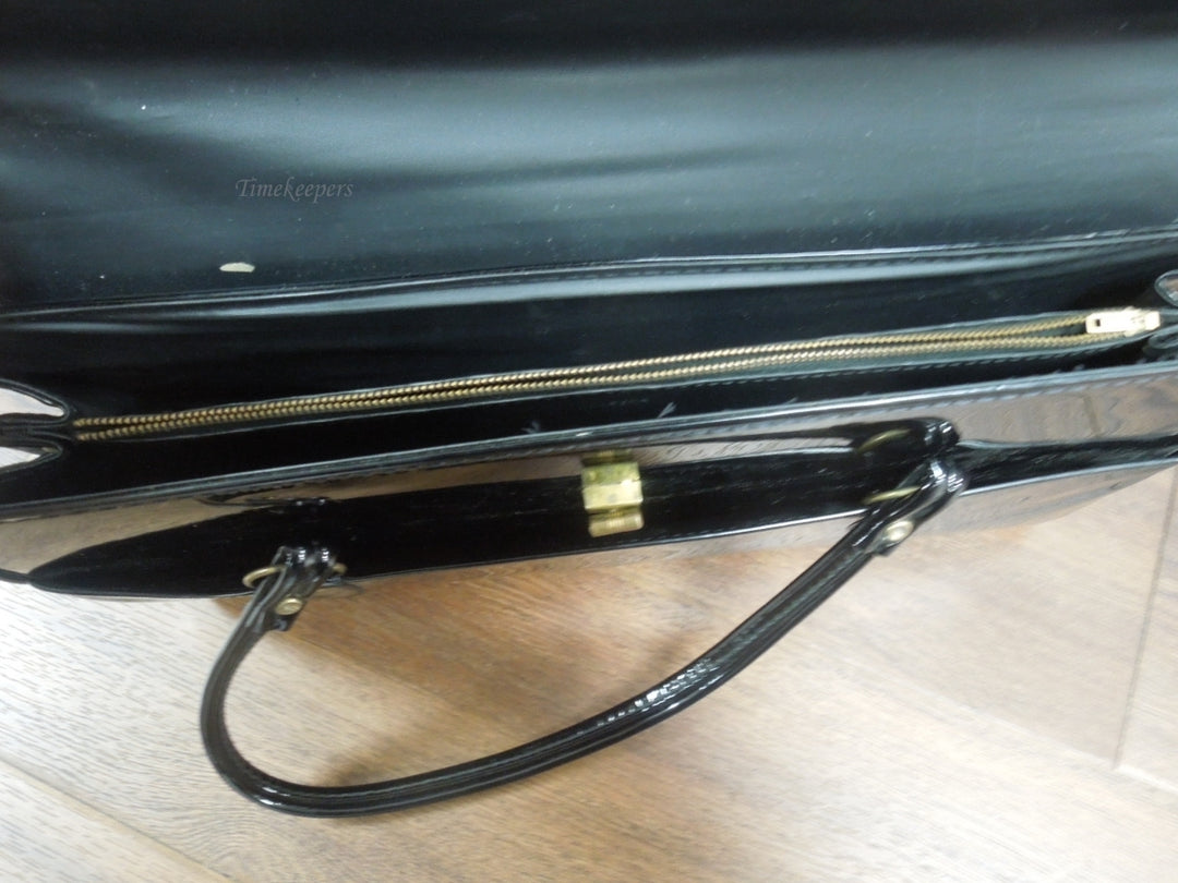 r032 Aetna Vintage Frame Handbag, Satchel Bag Purse, Big Black Patent Leather Made in USA