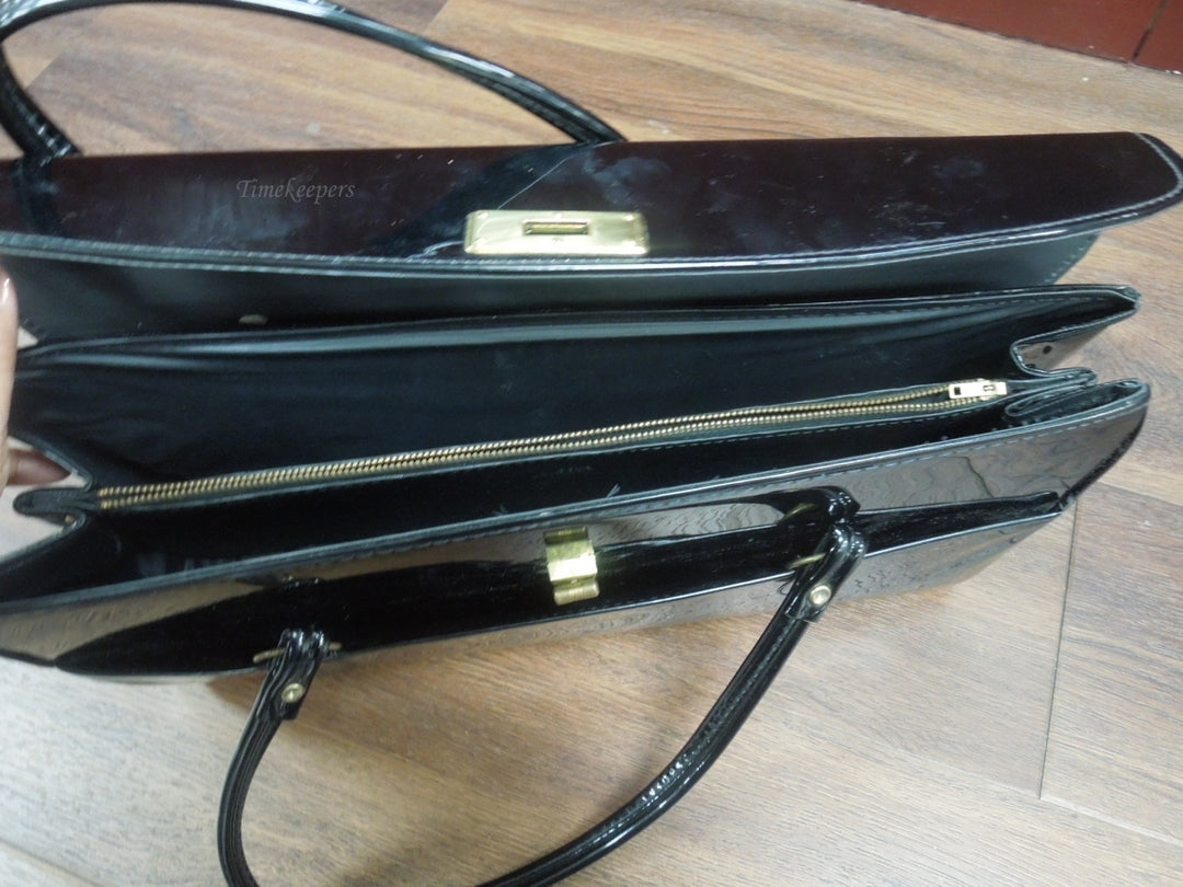r032 Aetna Vintage Frame Handbag, Satchel Bag Purse, Big Black Patent Leather Made in USA