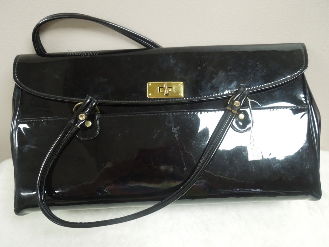r032 Aetna Vintage Frame Handbag, Satchel Bag Purse, Big Black Patent Leather Made in USA