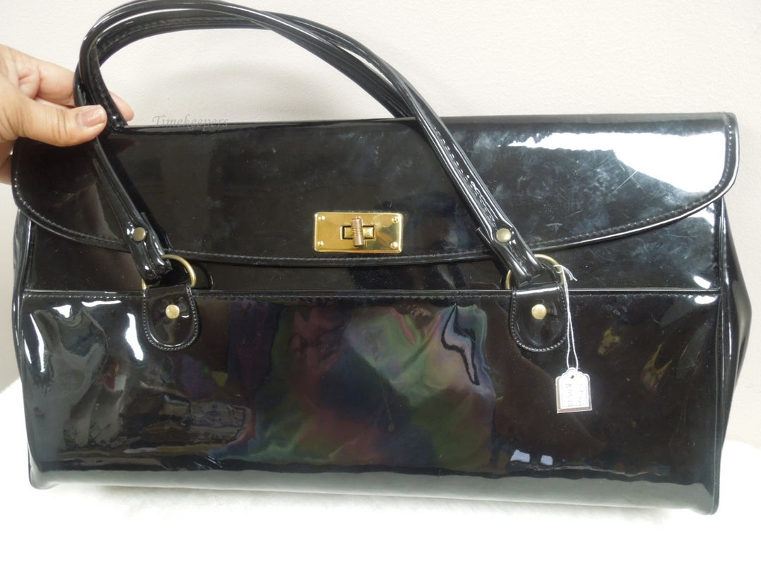 r032 Aetna Vintage Frame Handbag, Satchel Bag Purse, Big Black Patent Leather Made in USA