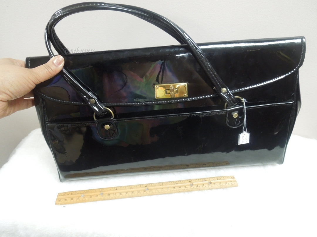 r032 Aetna Vintage Frame Handbag, Satchel Bag Purse, Big Black Patent Leather Made in USA