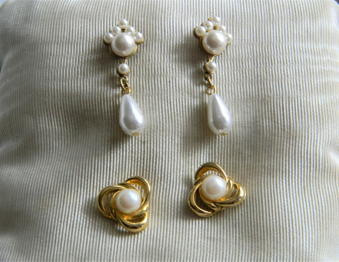 p254 Vintage Two Pair Pretty Gold Tone Earrings with Faux Pearls Dangle and Stud