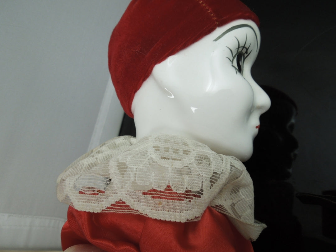 h683 Wonderful Vintage Clown Doll with cloth Body Porcelain Head, Hands, Feet