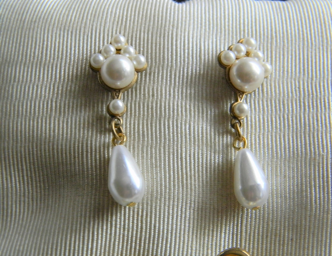 p254 Vintage Two Pair Pretty Gold Tone Earrings with Faux Pearls Dangle and Stud