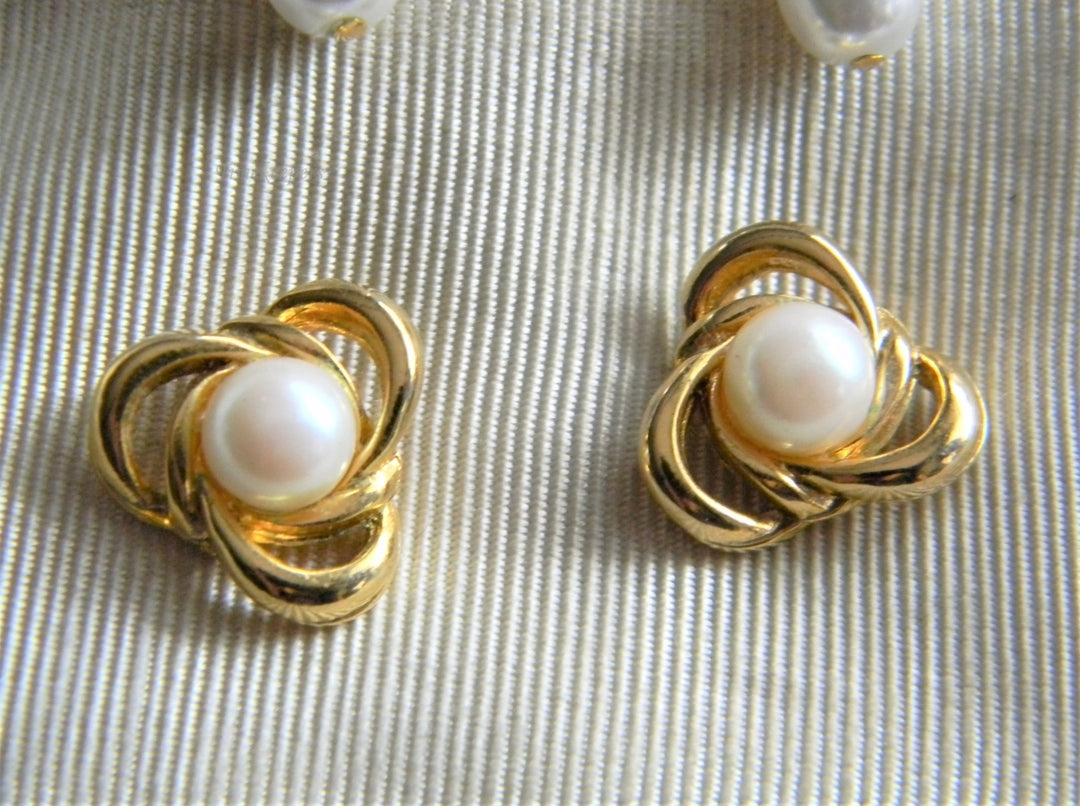 p254 Vintage Two Pair Pretty Gold Tone Earrings with Faux Pearls Dangle and Stud