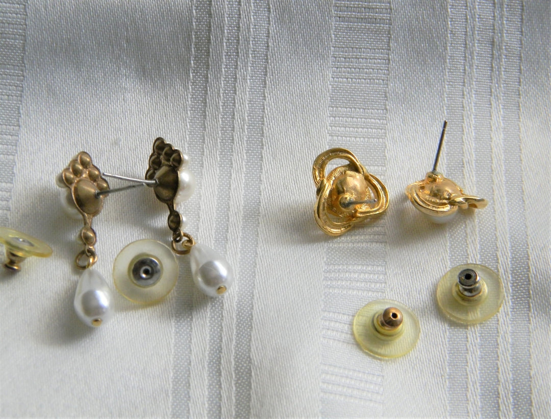 p254 Vintage Two Pair Pretty Gold Tone Earrings with Faux Pearls Dangle and Stud