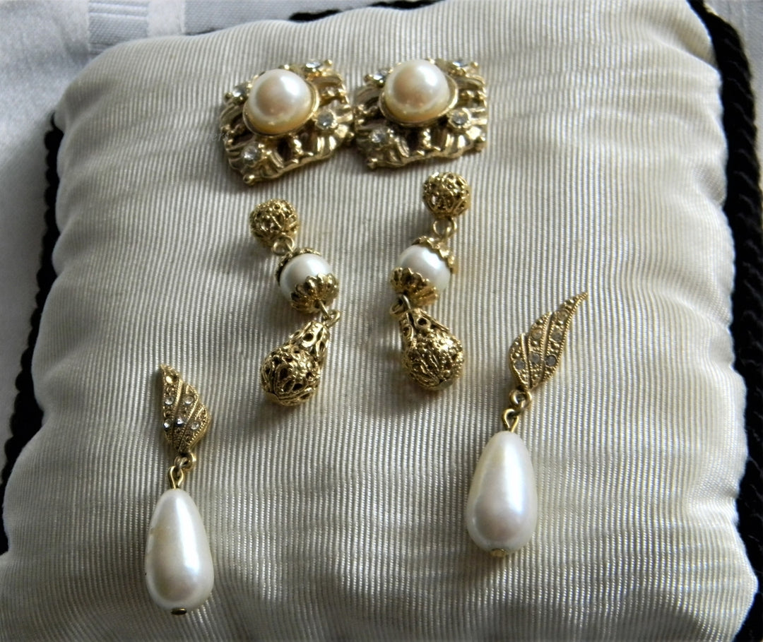 p255 Vintage Three Pair Pretty Gold Tone Earrings with Faux Pearls Dangle and Stud