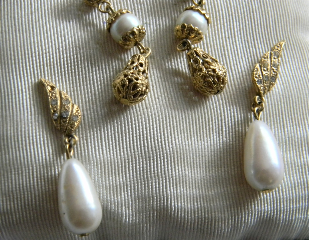 p255 Vintage Three Pair Pretty Gold Tone Earrings with Faux Pearls Dangle and Stud