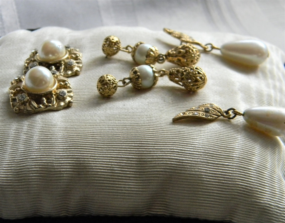 p255 Vintage Three Pair Pretty Gold Tone Earrings with Faux Pearls Dangle and Stud