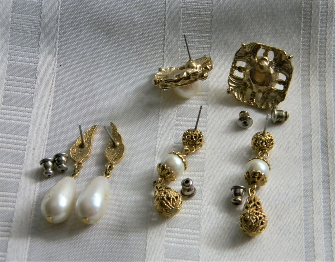p255 Vintage Three Pair Pretty Gold Tone Earrings with Faux Pearls Dangle and Stud