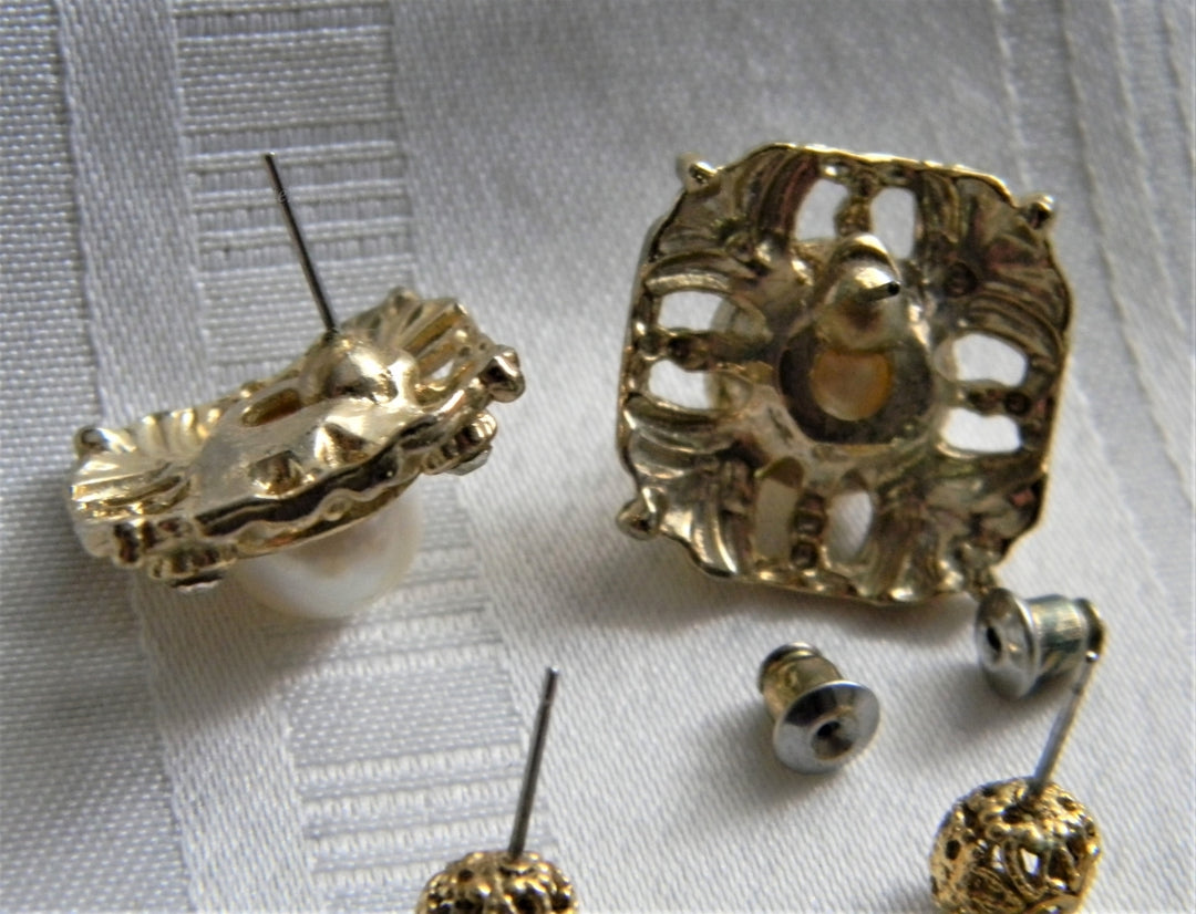 p255 Vintage Three Pair Pretty Gold Tone Earrings with Faux Pearls Dangle and Stud